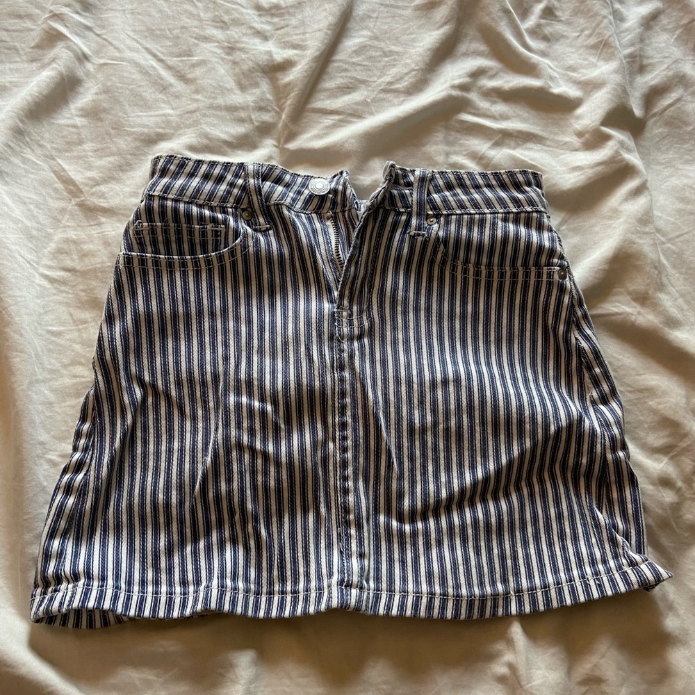 Navy and white striped denim skirt